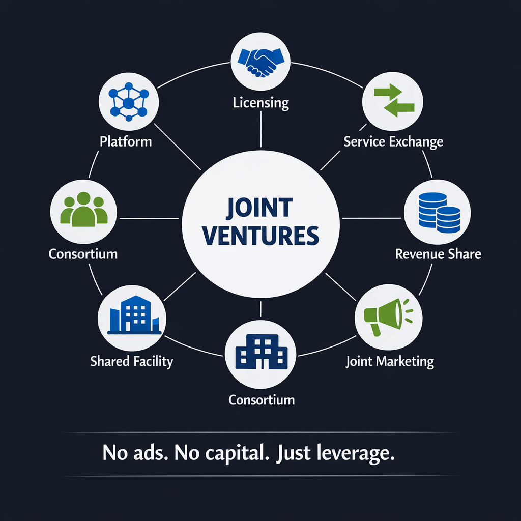 7 Joint Venture structures: Licensing, Service Exchange, Revenue Share, Joint Marketing, Shared Facility, Consortium, and Platform — No ads, no capital, just leverage